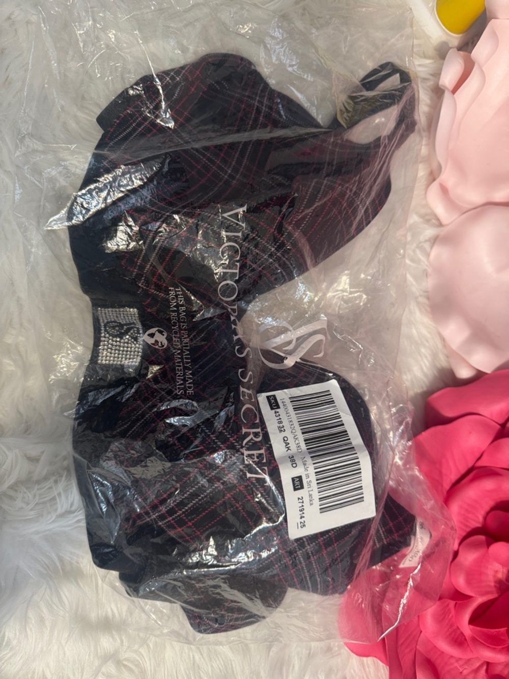 Victoria's Secret Black Bra with Pink Plaid Stitching 38B